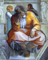 Michelangelo. Prorok Jeremi. 1508-1512. Freska. Sistine Chapel, Vatikn.
