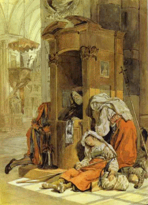 Karl Brulloff: Zpověď italské ženy, 1827-1830, Vodové barvy na papíře, Ruské muzeum, St.Petersburg, Rusko
